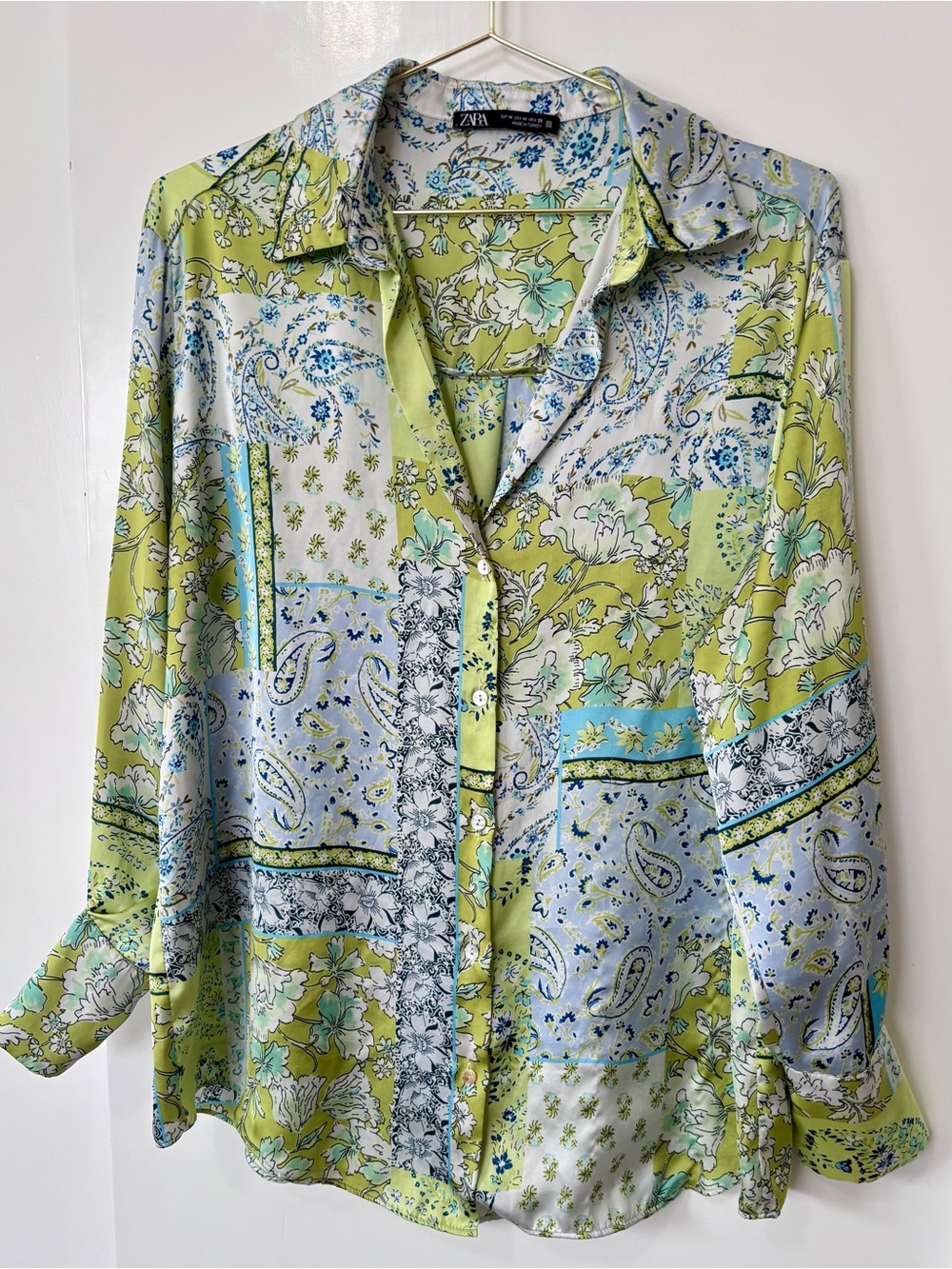 Zara| Satiny Floral & Paisley Patchwork Shirt in Lime Green & Light Blue Sz M